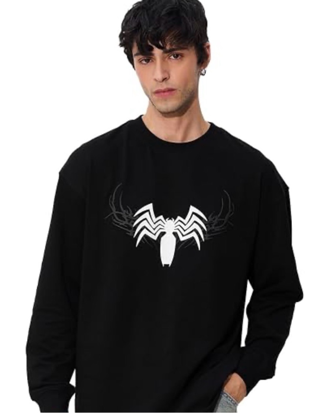 Marvel Black Men's Graphic Crewneck Shirt with White Spider Emblem